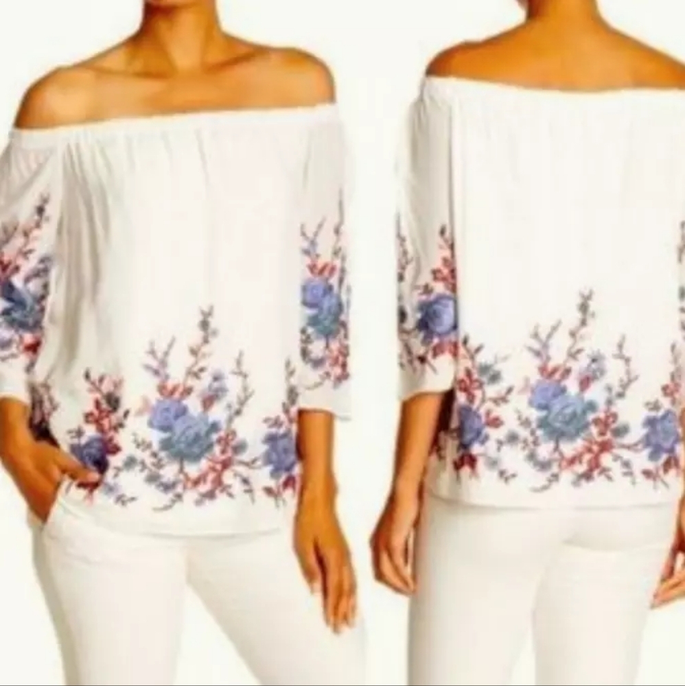DREW White Floral Embroidered Off the Shoulder Boho Top Size S